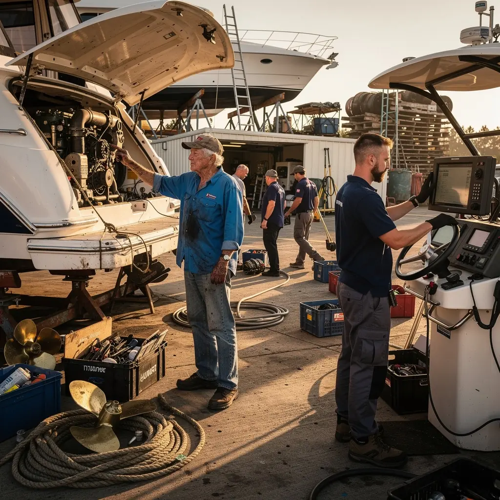 Dzinēja pārkārtošana, mehāniķis strādā pie jahtas dzinēja.